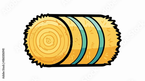 Stylized cartoon depiction of a round, golden hay bale with teal banding and a jagged outline