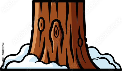 A cartoon depiction of a thick, brown tree trunk with knots, sitting atop a base of white snow