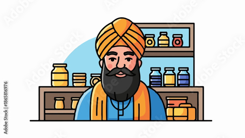 A friendly merchant with a turban stands behind shelves stocked with jars