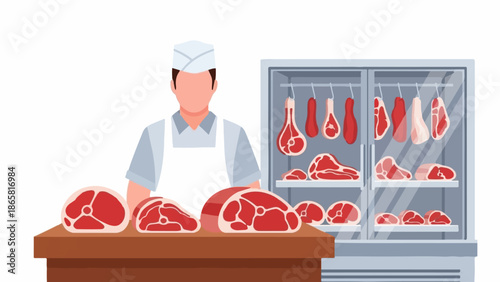 A butcher stands behind a counter with various cuts of meat