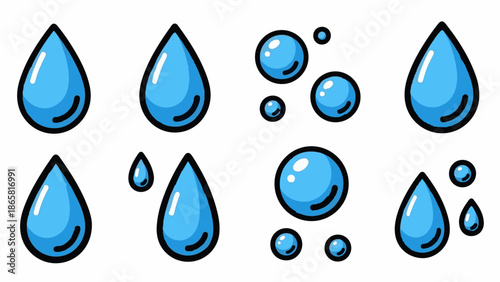 Stylized illustrations of various blue water drops and bubbles, isolated on white