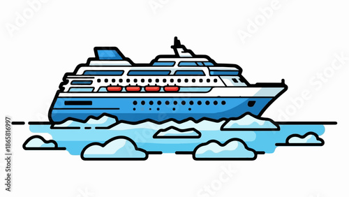 A blue and white passenger ship navigates through icy waters