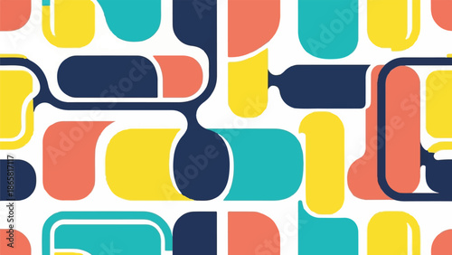 Geometric shapes in coral, teal, yellow, and navy on a white background