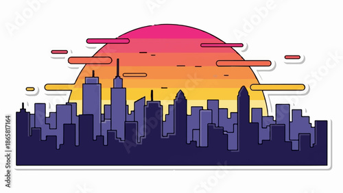 Minimalist skyline silhouette against a vibrant gradient sunset with stylized clouds