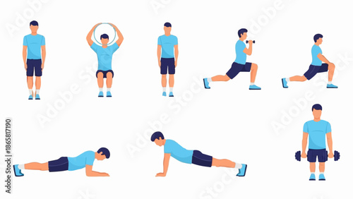 Collection of flat illustrations depicting men performing various exercises with weights and a hoop