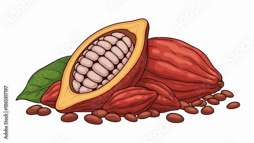 A pile of ripe cocoa pods and beans with a cut-open pod revealing its seeds