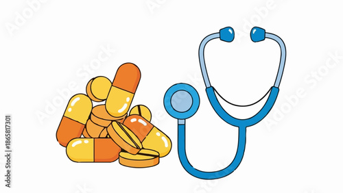 A pile of orange and yellow capsules next to a blue stethoscope
