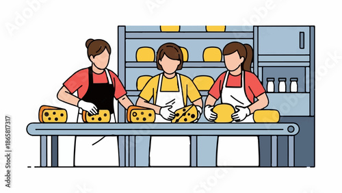 Workers on a conveyor belt sorting and inspecting blocks of cheese in a facility