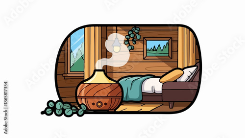 Cozy cabin bedroom with humidifier, bed, and window view