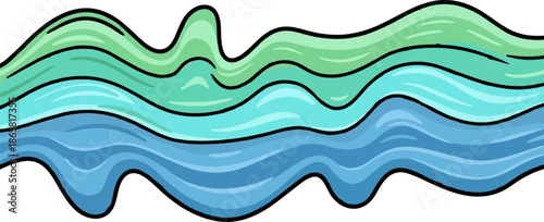 Abstract wavy lines in shades of blue and green, with thick black outlines