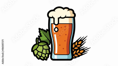 A glass of amber liquid with frothy head, beside hops and wheat stalks