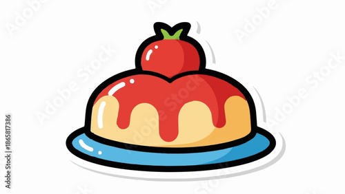 A simplified cartoon illustration of a cake with red syrup and a red berry on top