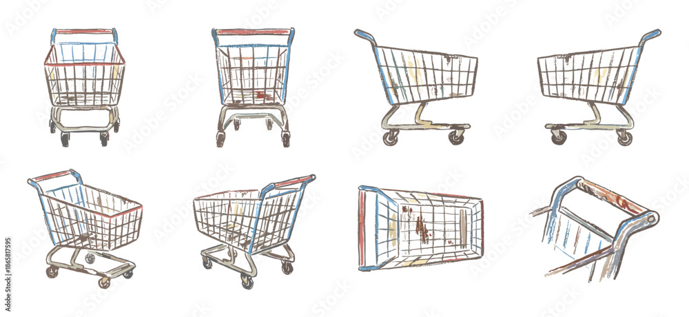Fototapeta premium Set of eight hand-drawn shopping cart illustrations showing various perspectives including front, side, and top views in a colorful, sketchy, artistic watercolor style