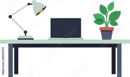 A modern desk with a laptop, adjustable lamp, and a potted plant