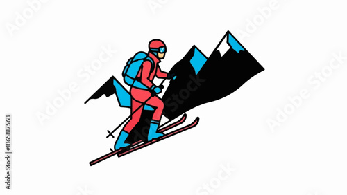 Skier in red suit with backpack skis down mountain with blue and black peaks