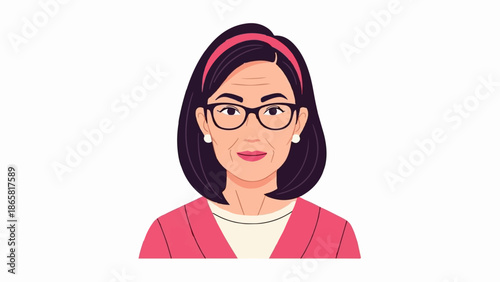 A close-up, flat illustration of a smiling, middle-aged woman wearing glasses and a pink jacket