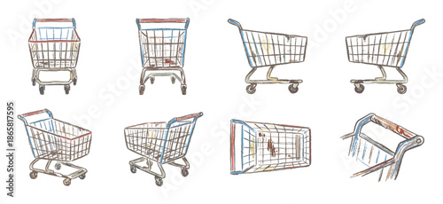 Set of eight hand-drawn shopping cart illustrations showing various perspectives including front, side, and top views in a colorful, sketchy, artistic watercolor style