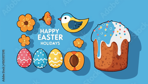 Cheerful Easter imagery with eggs, cake, bird, and flowers on blue background