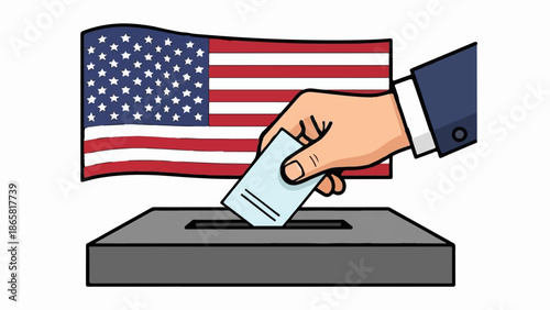 A hand drops a ballot into a box under a waving national flag