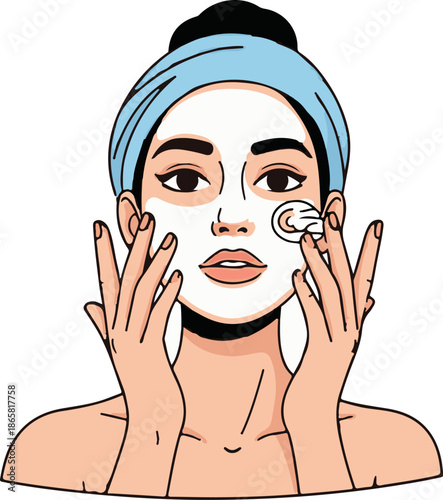 Woman applying facial mask with cotton pad, hair tied back