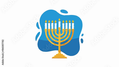 A golden menorah with lit white candles stands against a blue, blob-like background
