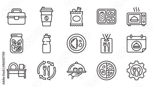 Set of black line icons for lunch and meal prep concepts, featuring a lunchbox, coffee cup, microwave, bento box, and reusable cutlery in a minimalist vector style