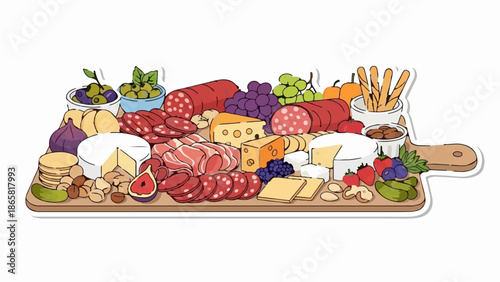 A delightful assortment of cured meats, cheeses, fruits, and crackers displayed on a wooden board