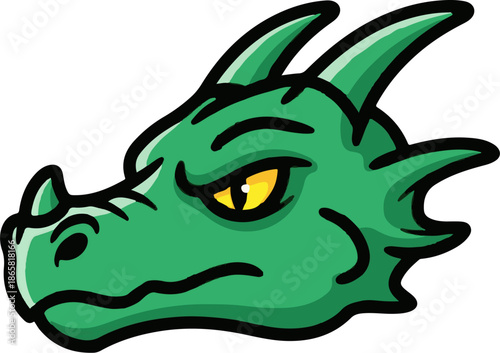 A close-up of a green dragon's head with sharp horns and an intense yellow eye