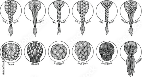 Black and white hairstyle braid chart showcasing french dutch fishtail rope twist cornrow crown knot and ponytail designs illustration