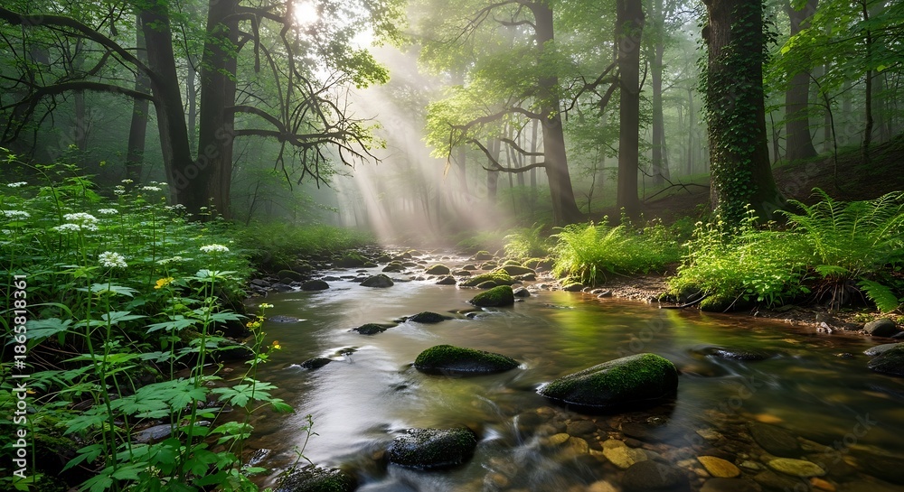 Fototapeta premium Brilliant sunbeams pierce the misty canopy illuminating a rocky stream flowing through a dense woodland