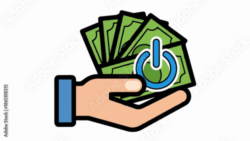 A hand holds fanned out bills with a power symbol integrated