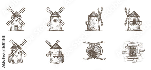 Collection of hand-drawn vintage windmill illustrations in a rustic sketch style, showing various stone towers, sails, and architectural details for a historical or agricultural theme