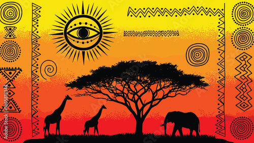African savanna sunset landscape with acacia tree, giraffes, elephant and tribal ethnic patterns, wildlife silhouette vector background illustration