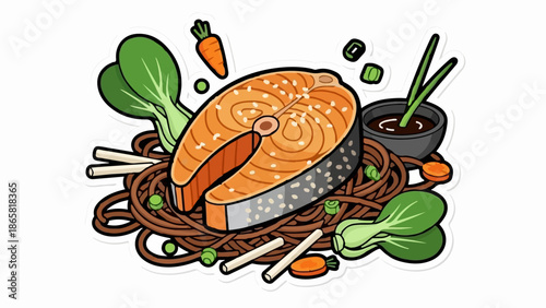 A delicious salmon steak rests on a bed of noodles with bok choy, carrots, and a side of dipping sauce