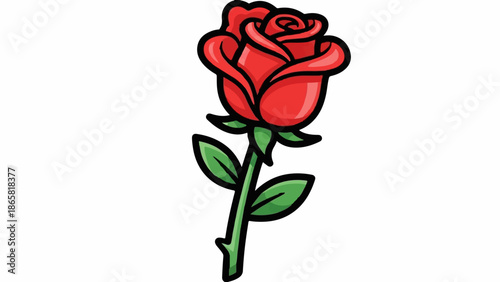 A cartoonish red rose with green leaves and stem, set against a white background