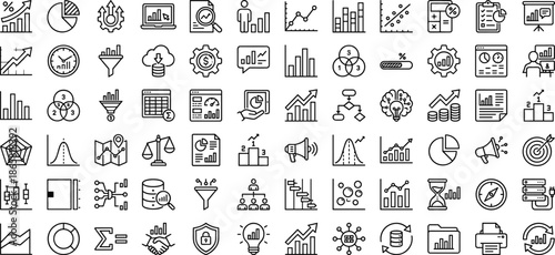 Business analytics icon set with charts graphs statistics finance data visualization dashboard symbols marketing metrics strategy management outline design collection vector