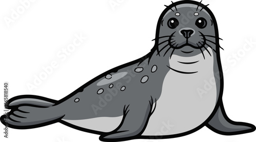 A cartoonish, spotted seal with wide eyes and whiskers rests on a white background