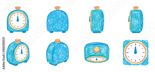 Set of hand-drawn blue alarm clock illustrations showing various angles and perspectives in a charming, childlike crayon sketch style for design elements or animation sprites