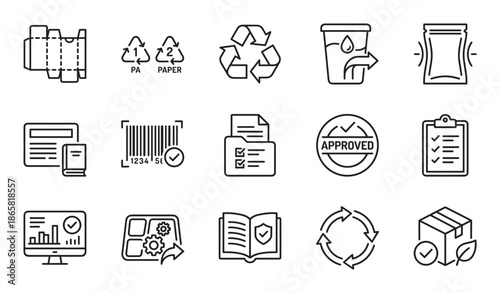 Set of black line icons representing packaging, recycling, logistics, and quality assurance symbols like a barcode, approved stamp, and eco-friendly parcel for business concepts