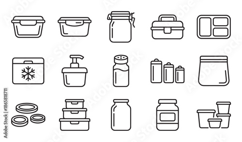 Collection of food storage container icons in a minimalist line art style showing various jars, boxes, and dispensers for kitchen organization, meal prep, and preservation