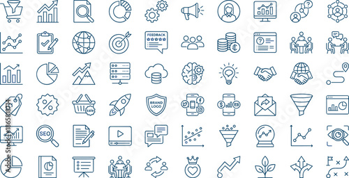 Business marketing strategy outline icon set with analytics, growth, branding, teamwork, finance, digital marketing, leadership, planning and communication symbols