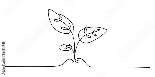 Minimalist single line art illustration representing a new plant growing from the ground