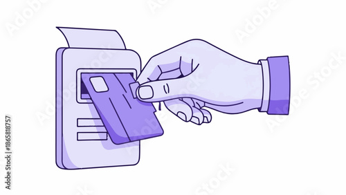 A hand inserts a credit card into a payment terminal slot