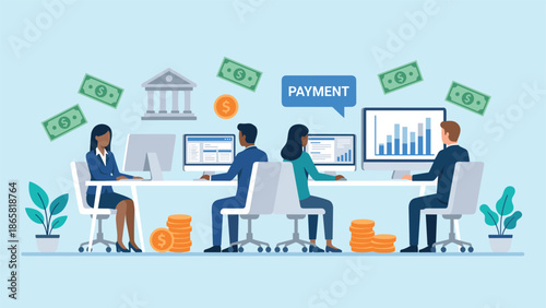 Business team working on online banking payment, financial transaction management, data analytics and corporate finance operations in modern office workspace