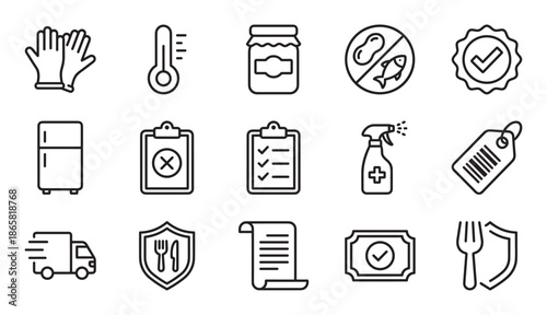 Food safety and hygiene line icon set illustrating quality control, certification, food delivery, and allergen-free standards for the restaurant and food production industry