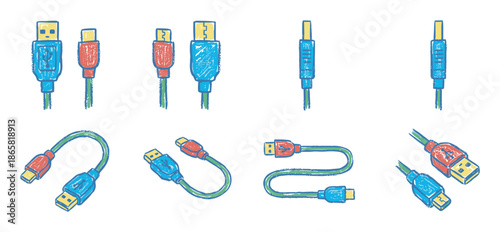 Collection of colorful hand-drawn computer cables and connectors in a sketchy, illustrative style showing various USB and data transfer plugs as a technology concept