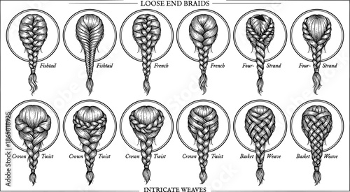 Detailed black and white hairstyle braid chart showcasing fishtail french four strand crown twist and basket weave designs illustration guide