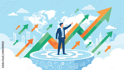 Businessman leading financial growth with rising arrows, global economy progress, corporate success, strategy and leadership concept illustration for business development