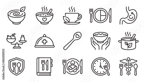 Set of black line icons representing healthy eating, diet, and nutrition concepts, including symbols for meal planning, digestion, organic food, portion control, and medical dietetics