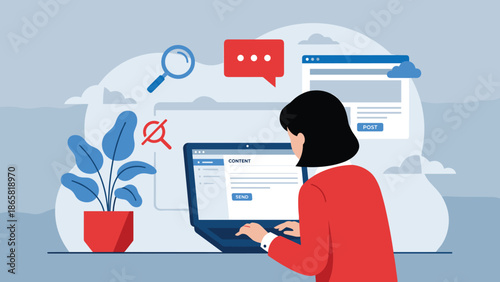 Female content creator writing online article on laptop, digital blogging, SEO content marketing and social media communication concept illustration